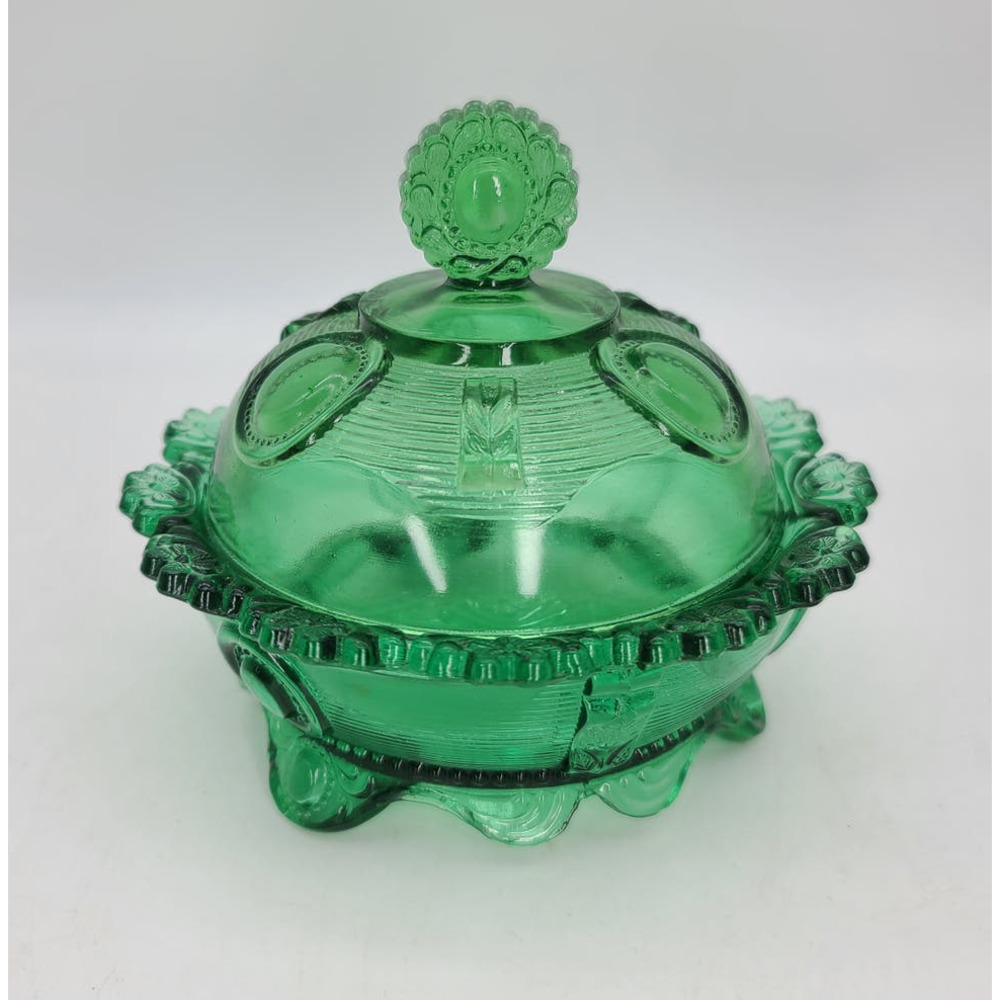 EAPG Indiana Greentown Glass Dewey Flower Flange Dark Green Small Butter Dish